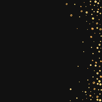 Sparse gold confetti. Abstract right border on black background. Vector illustration.