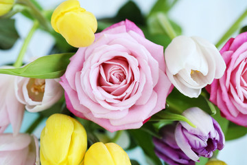 Fototapeta premium Bouquet of beautiful roses and tulips