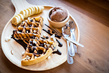 delicious sweet dessert : homemade waffle with chocolate sauce