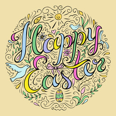 Happy Easter card with freehand lettering and decorative flourish elements.