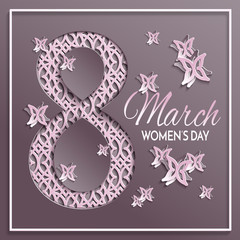 Vector illustration of International women's day, 8 March holiday greeting card with floral and butterfly pattern design and brown background with paper cut ornament. 