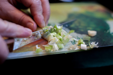 Close up of old woman cuts fresh onion on wooden board