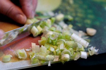 Old woman cuts fresh onion close up
