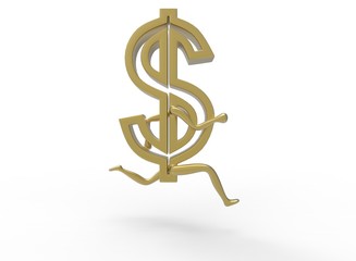 3d illustration of running dollar. white background isolated. icon for game web.
