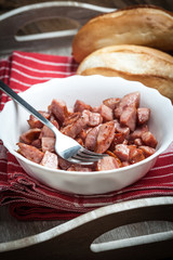 Pieces of sausage fried.