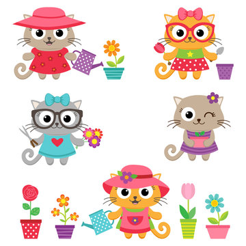 Cute little cat girls with gardening tools