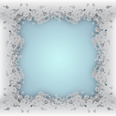 White laced frame with hearts, lips and cupid's arrow vector illustration on blue background for valentines day or women day greeting card, paper cut out art style