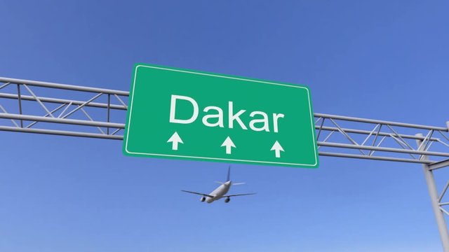 Twin engine commercial airplane arriving to Dakar airport. Travelling to Senegal conceptual 4K animation