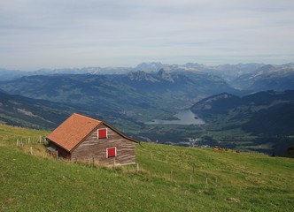 Fototapeta na wymiar Summer day on mount Rigi. View of lake Lauerzersee and mount Mythen.