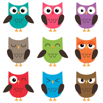 Set of cute cartoon owls emotions
