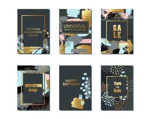 Set of universal cards and background with hand drawn textures. For banner, poster, invitation, brochure, flyer.