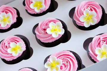 Muffins with fresh strawberries. Selective focus.