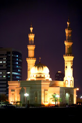 Fototapeta na wymiar Moschee bei Nacht in Sharjah City, Vereinigte Arabische Emirate, Arabische Halbinsel, Naher Osten