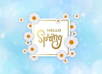 Hello spring background with frame, white flowers and blue bokeh sky.