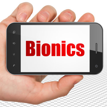 Science concept: Hand Holding Smartphone with Bionics on display