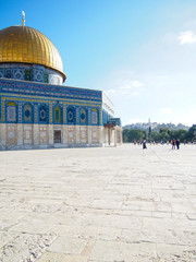 The historic landmark of the gold-domed mosque built on the disputed Temple Mount in Jerusalem, Israel.