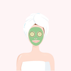 Woman with Beauty Mask on the Face with Towel on Head. Matcha, Avocado, Green Tea, Cucumber Facial Treatment. Vector Illustration Clipart