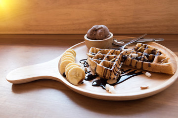 Belgian waffles with fruit and chocolate, forest fruit, all home