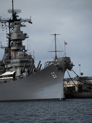 The battleship USS Missouri at Pearl Harbor on Oahu Hawaii.