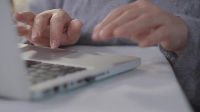 Close-up of female hands on the laptop keyboard