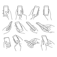 Hands collection outline - Mobile vector set illustration