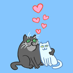 Sweet Enamored Cats. Romantic Mood. Cute Love. Freehand Digital Outline Drawing. Isolated Vector Illustration.
