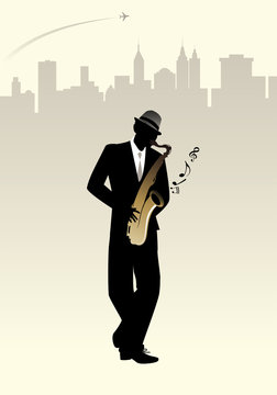 Elegant man silhouette playing saxophone. Skyline city background