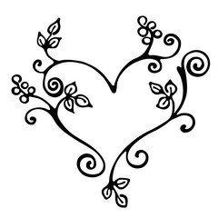 Vector hand drawn illustration, decorative ornamental stylized heart in shape of tree with branch, flowers, leaves, dots. Black and white isolated graphic outline illustration Line drawing silhouette.