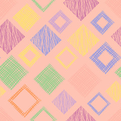 Seamless vector geometrical pattern with rhombus, squares, rectangles endless background with hand drawn textured geometric figures. Pastel Graphic illustration Template for wrapping, web backgrounds