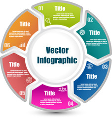 Circle infographic template with 6 steps and central element. Parts of the chart  with icons and numbers. For presentation and design concept. Vector illustration.