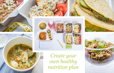 Collage of Healthy nutrition dish. Fresh daily meals delivery. vegetable, meat and fruits in craft boxes