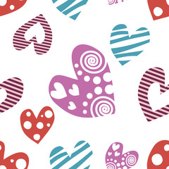 Seamless vector pattern with hearts. Background with hand drawn ornamental symbols. Template for wrapping, decor, surface, cards, backgrounds, textile, print. Decorative repeat ornament.