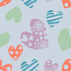 Seamless vector pattern with hearts. Background with hand drawn ornamental symbols. Template for wrapping, decor, surface, cards, backgrounds, textile, print. Decorative repeat ornament.