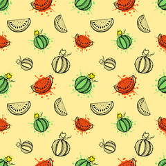 Seamless vector pattern. Hand drawn fruits illustration with splash and drop, cute childish background. Line drawing,