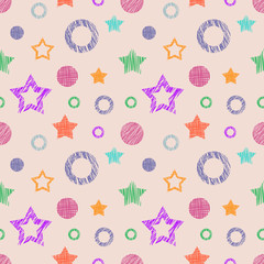 Seamless vector geometrical pattern with stars, circles. endless background with hand drawn textured geometric figures. Graphic illustration Green Template for wrapping, web backgrounds, wallpaper