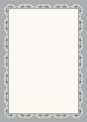 Ornate rectangular color frame and decorative pattern, A4 page proportions. 
