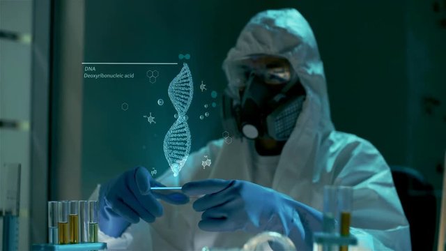 Scientist man in laboratory is looking at 3D animated rotating hologram model of modified DNA molecule floating in the air. Biologist studies the result of successful gene experiment. Expensive