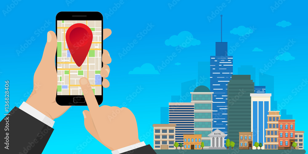 Poster mobile gps navigation, city and navigation app on mobile screen. city navigation web banner. flat st