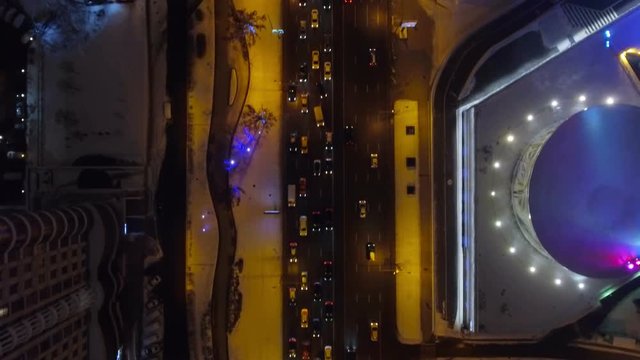 Moscow night aerial cityscape Christmas New Year time, New Arbat avenue.