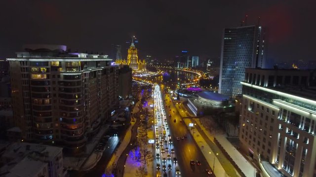 Moscow night aerial cityscape Christmas New Year time, New Arbat avenue.