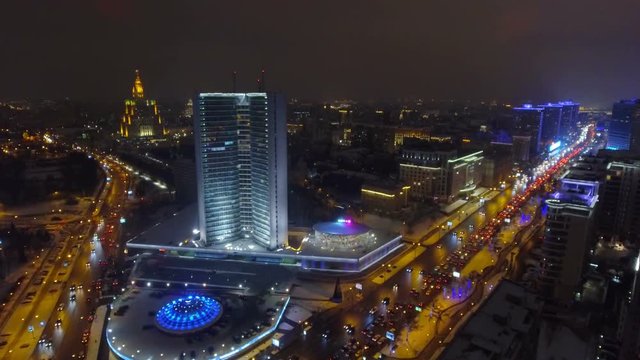 Moscow night aerial cityscape Christmas New Year time, New Arbat avenue.