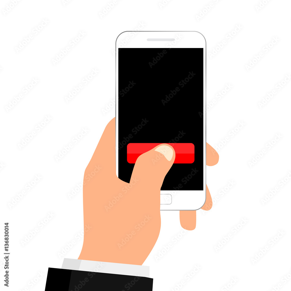 Poster hand holding white smartphone with button on screen. vector illustration. flat design.