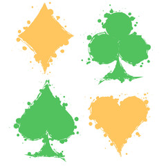 Vector set of grunge graphic illustration of sign of playig card with ink blot, brush strokes, isolated on the white. Series of artistic illustration with splash, blots and brush strokes.