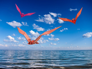 Obraz na płótnie Canvas Sea with reflection from sky ,clouds and origami