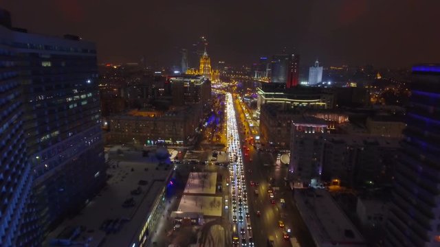 Moscow night aerial cityscape Christmas New Year time, New Arbat avenue.