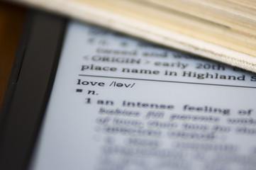 Word love display on ebook reader dictionary
