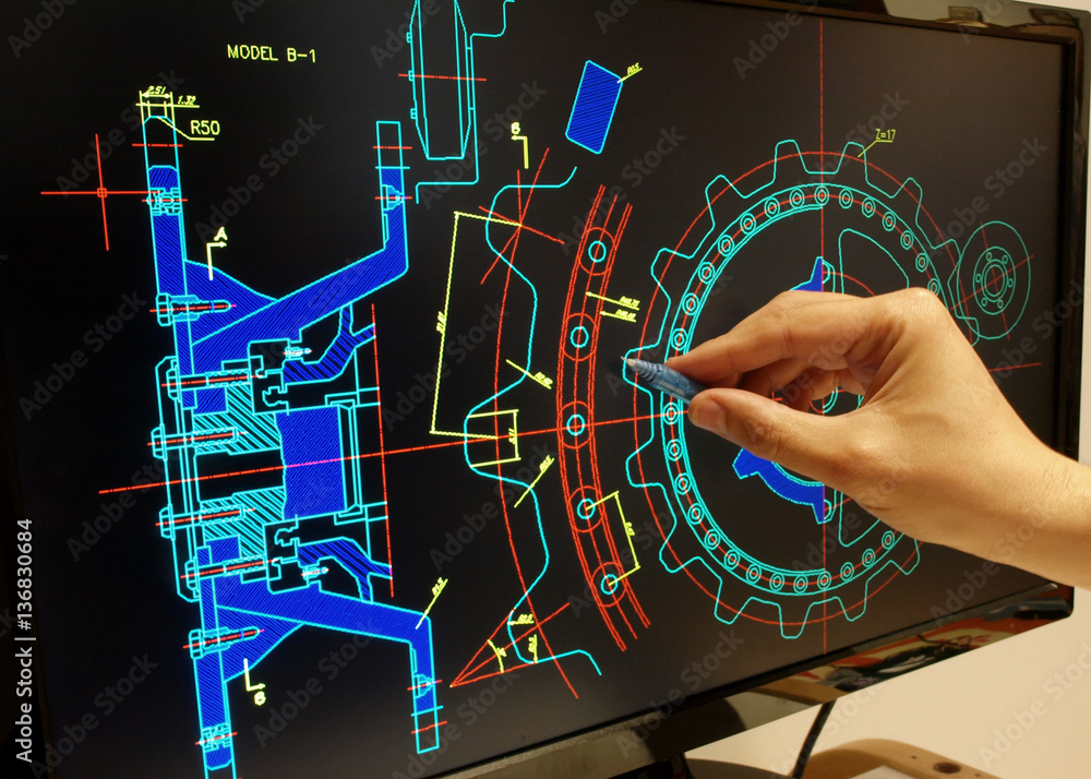 Wall mural engineer working on mechanichal piece computer design