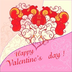 St.Valentines day postcard with patterned heart in the background of three color, milk,pink an peach with ornamental stripes.