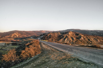 Beautiful landscape in the mountains with the sun at dawn. Mountains at the sunset time. Azerbaijan, Big Caucasus