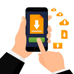 File download with phone. Hand holds smartphone with button download. Vector illustration.